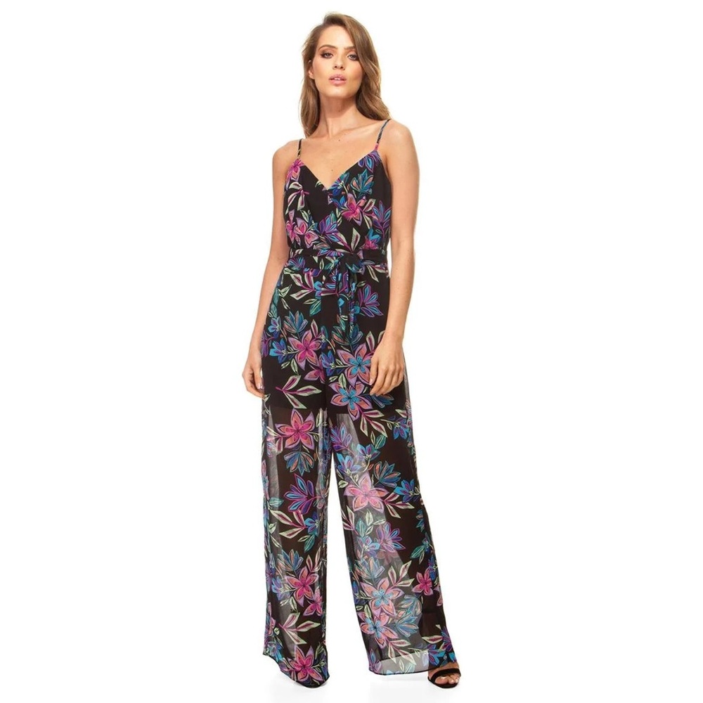 Guess Black Multi Floral Tamiko Wide Leg Chic Sheer Leg‎ Jumpsuit 2